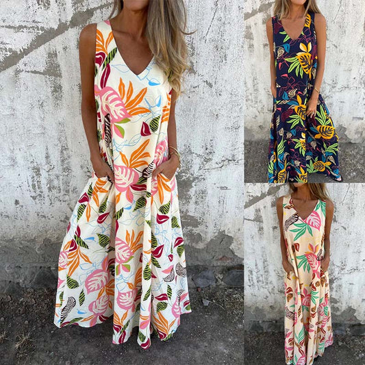 【S-3XL】🍂V-nyakú, ujjatlan, nyomtatott maxiruha