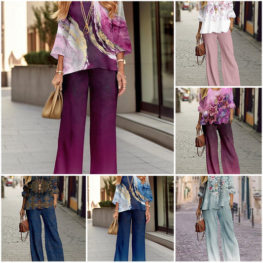 【S-4XL】🌸Női puha, alkalmi felső és széles szárú nadrág szett