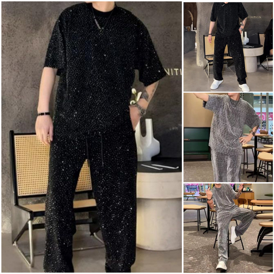 ✨ (M-3XL) 🧑 Férfi Rövid Ujjú Póló és Széles Szárú Nadrág 2 Részes Szett 🎁