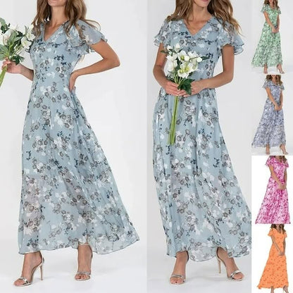🌸 Könnyű, rövid ujjú, virágmintás maxiruha【M-3XL】