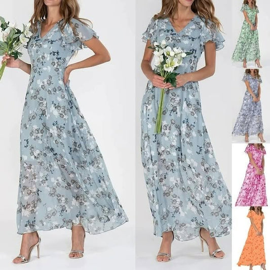 🌸 Könnyű, rövid ujjú, virágmintás maxiruha【M-3XL】