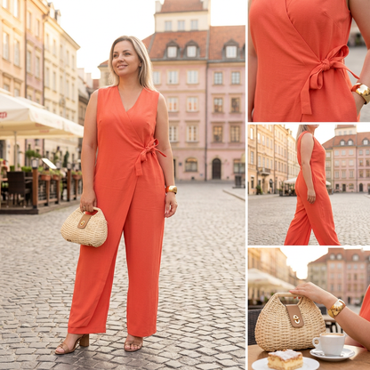 💖Női egyszínű, V-nyakú kötött jumpsuit