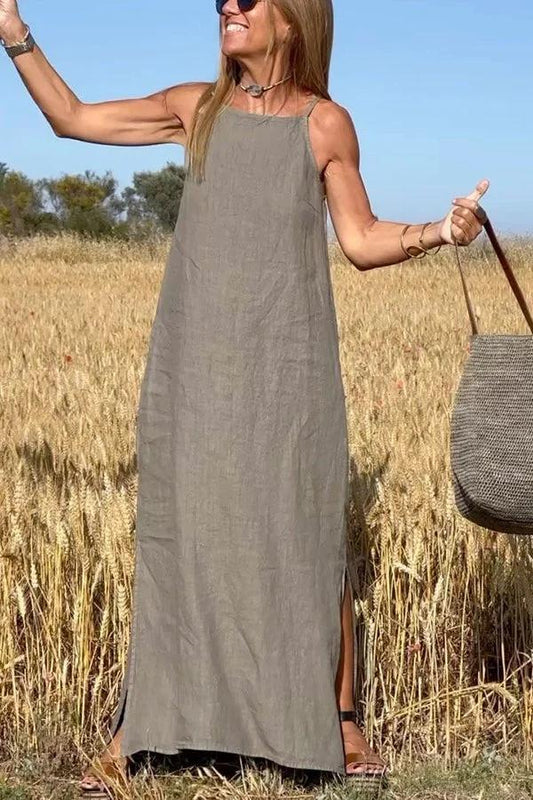 💕Női alkalmi egyszínű egyszínű Halter ujjatlan vászon ruha