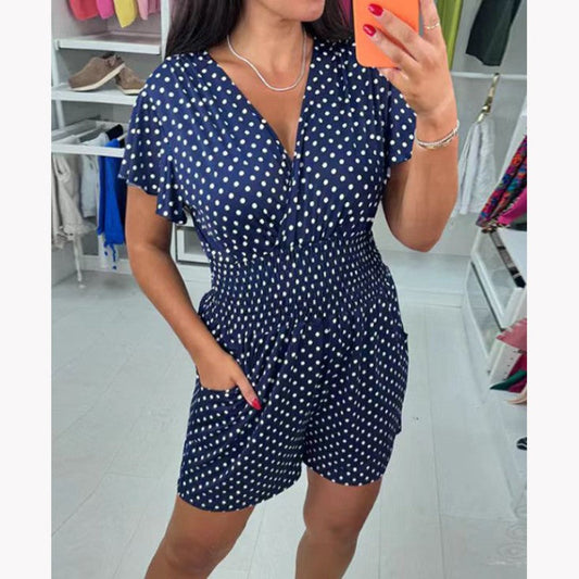 💕Polka Dot V-nyakú egyrészes rövidnadrág Jumpsuit