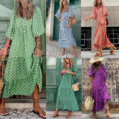 💖 Női Elegáns Puffos Ujjú Virágos Boho Maxi Ruha 👗