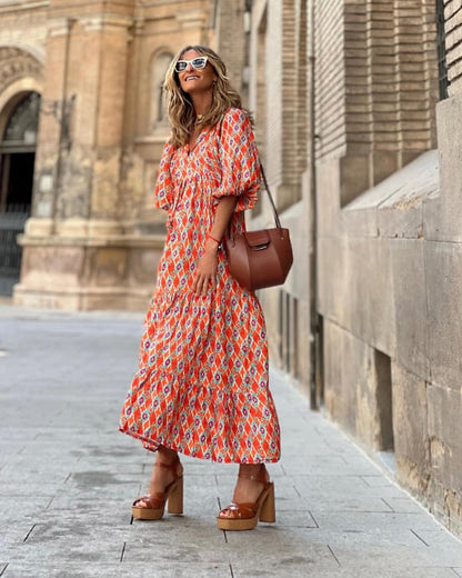 💖 Női Elegáns Puffos Ujjú Virágos Boho Maxi Ruha 👗