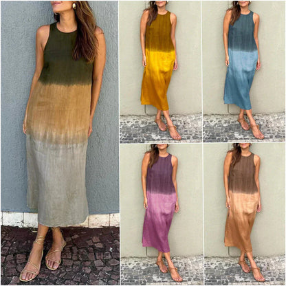 💖Női alkalmi pamut és lenvászon ujjatlan hasított gradiens tie-dye hosszú ruha
