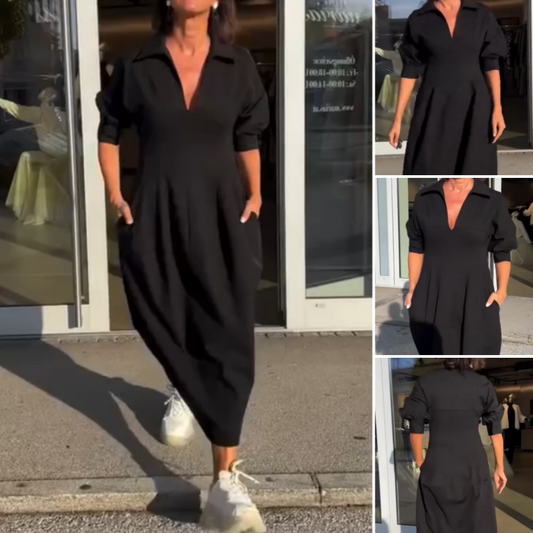 💕 Női midi ruha V-nyakkivágással és hajtókás derékkal
