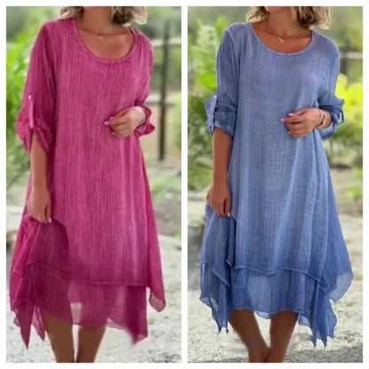 【S-4XL】💕Elegáns kétrétegű ruha természetes vászonból, kerek nyakkivágással
