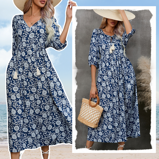 ☀️【S-XL】🌸Elegáns női virágmintás V-nyakú hosszú ruha