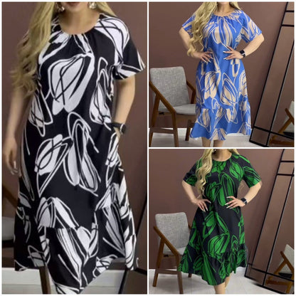 Elegáns kerek nyakú nyomtatott Flowy ruha