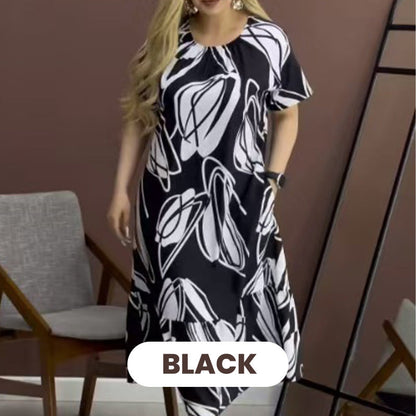 Elegáns kerek nyakú nyomtatott Flowy ruha