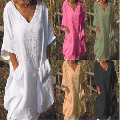 Egyszínű, plus size V-nyakú, középen ujjú, zsebes ruha