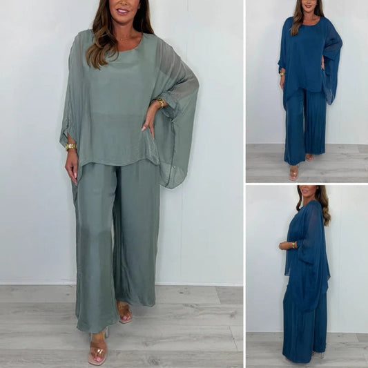 👗Elegáns alkalmi sifon együttes és széles szárú nadrág