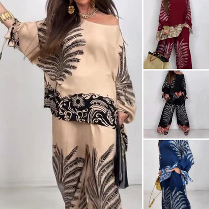 🌴Nyári akciók🌴Női elegáns etnikai stílusú nyomtatott felső széles szárú nadrág szett