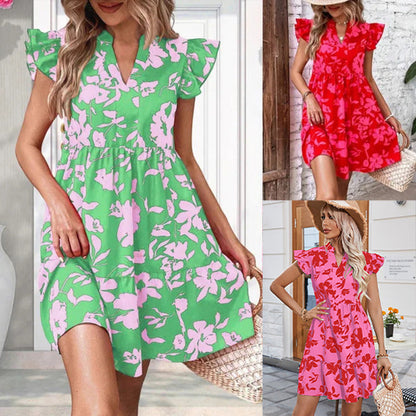 【M-2XL】🌺Fodros ujjú V-nyakú nyomtatott ruha