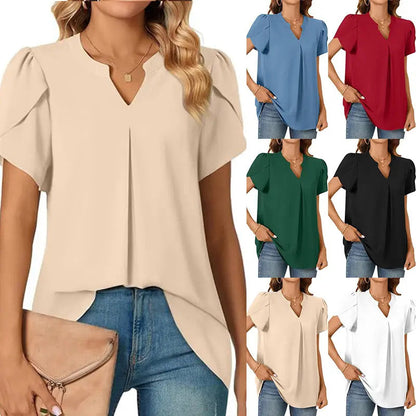 【M-2XL】💖👚Női V-nyakú egyszínű egyszínű rövid ujjú felső