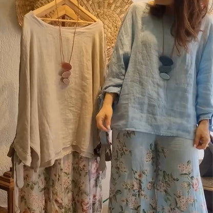 👗Női bő blúz és virágmintás, széles szárú, virágos nadrág szett
