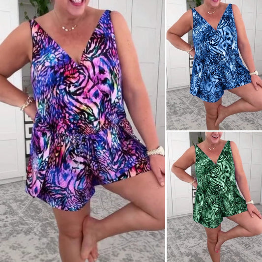 💝V-nyakú, ujjatlan, nyomtatott fürdőruha