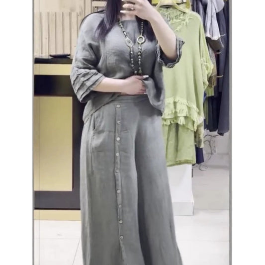 Női alkalmi alkalmi hét ujjú felső laza gomb lefelé nadrág két darabos szett