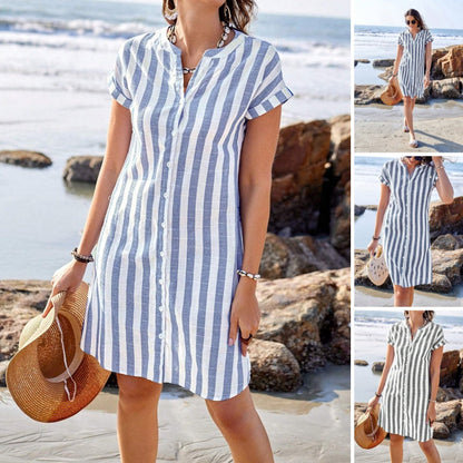 ✨【S-3XL】Női csíkos, gombos ing ruha 👗🍃