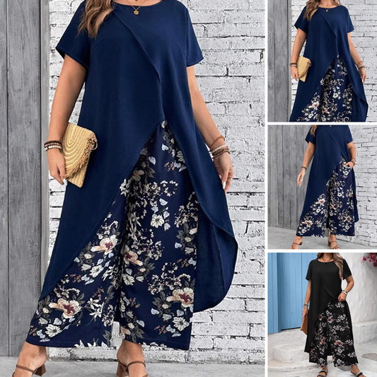 Women's Solid Color Top & Printed Pants Set