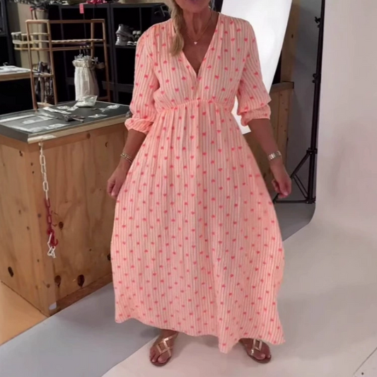 👗2025 Új Szív nyomtatott V-nyakú csíkos rövid ujjú ruha