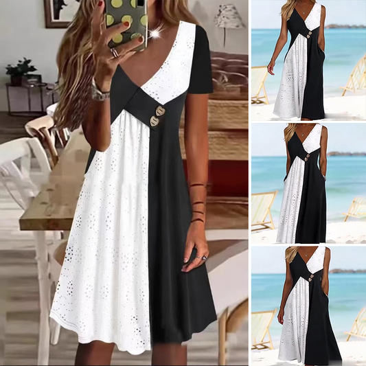 💖Női elegáns patchwork V-nyakú női ruhák