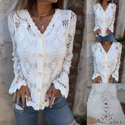 【S-2XL】🌸Női csipkés V-nyakú hosszú ujjú felső
