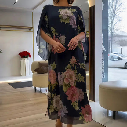 Elegáns hosszú női ruha, kerek gallérral és nyomtatott mintával
