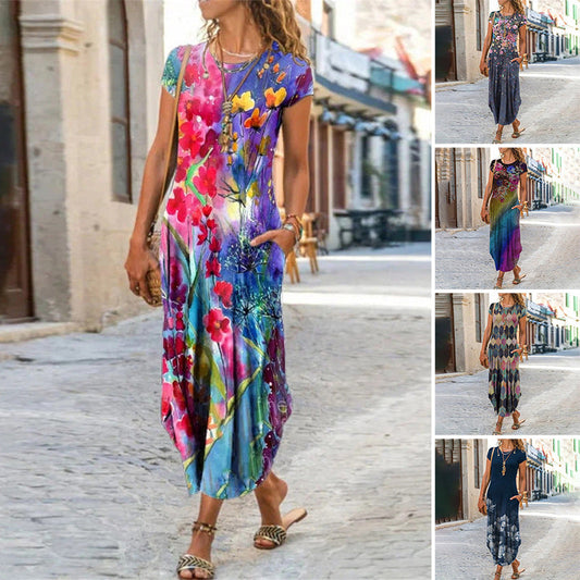 【S-3XL】🌸Női virágmintás rövid ujjú hosszú ruhák