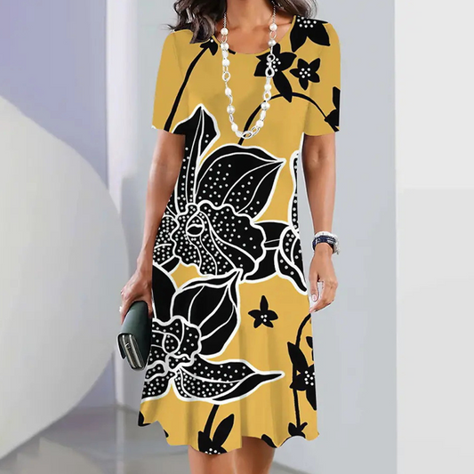 【S-4XL】🌸Női kerek nyakú, nyomtatott midi ruha