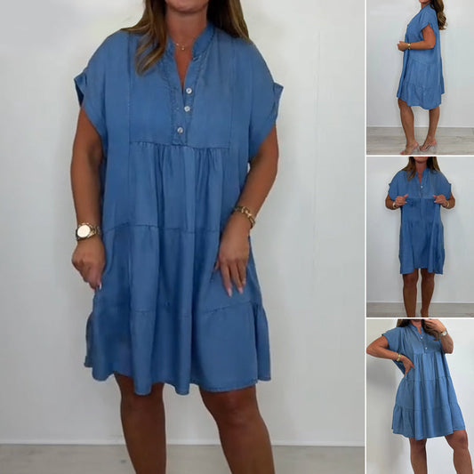 ✨【S-3XL】🌺👗 Női lezser, egyszínű, rövid ruha gombos gombolással