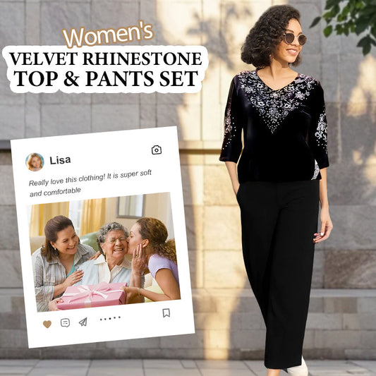 Női bársony strasszos felső és nadrág szett