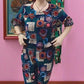 Дамски комплект с къси ръкави и панталони, с принт