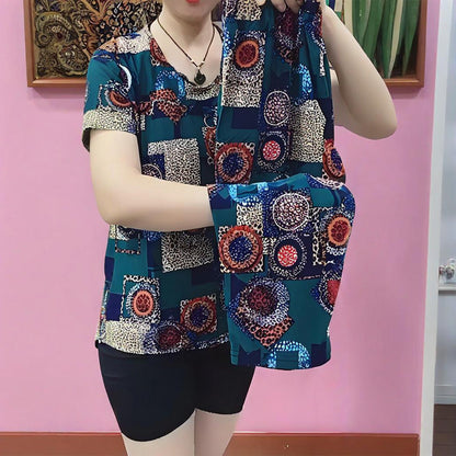 Дамски комплект с къси ръкави и панталони, с принт