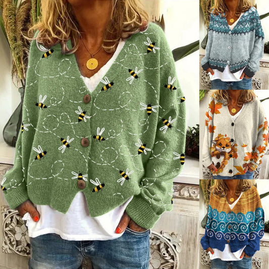 Női nyomtatott gombos kötött kardigán