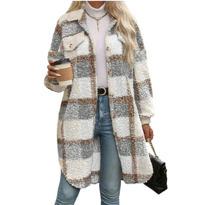 Női alkalmi klasszikus kockás középhosszú kabát