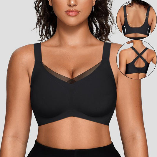 ✨Légáteresztő és nem fülledt😍Női vezeték nélküli, V-nyakú, keresztezett, hálós, varrás nélküli push-up melltartó