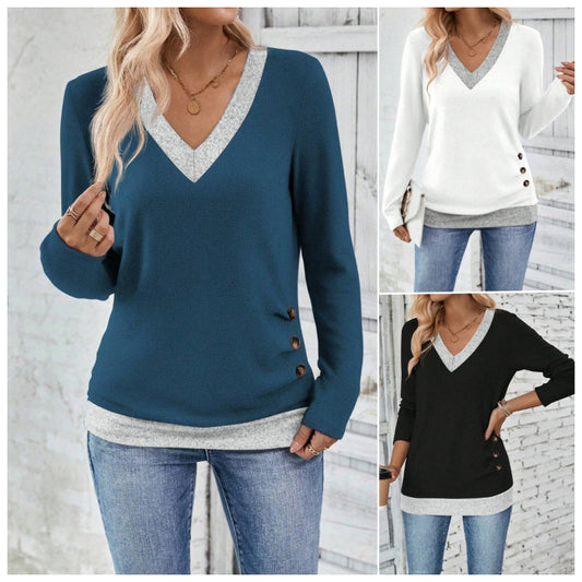 Women's V-Neck Button Detail Long Sleeve Top