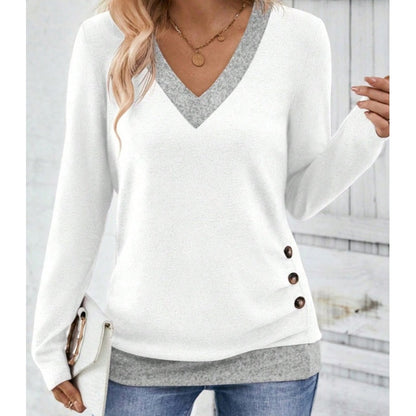 Women's V-Neck Button Detail Long Sleeve Top