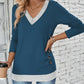 Women's V-Neck Button Detail Long Sleeve Top