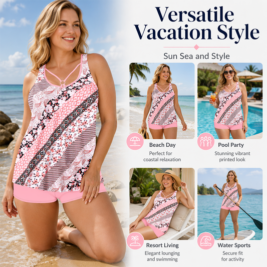 👙 Női plus size nyomtatott tankini szett, szoknyával és fiúsorttal 🌊✨