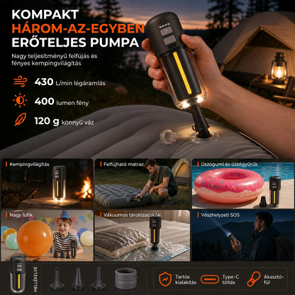 📢📢50% KEDVEZMÉNY !! ⏰Hordozható kültéri légpumpa és leeresztő, vészvilágítással, környezeti fénnyel és SOS funkcióval