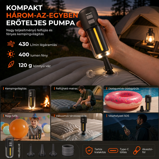 📢📢50% KEDVEZMÉNY !! ⏰Hordozható kültéri légpumpa és leeresztő, vészvilágítással, környezeti fénnyel és SOS funkcióval