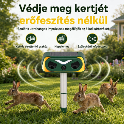 Napelemes, kültéri vízálló ultrahangos állatriasztó lángfényekkel és szirénariasztással, nagy teljesítményű változó frekvenciájú rágcsáló elriasztó
