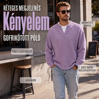 Férfi rétegzett hatású waffle póló – Kényelmes, elegáns textúrájú mindennapi viselet ✨👔