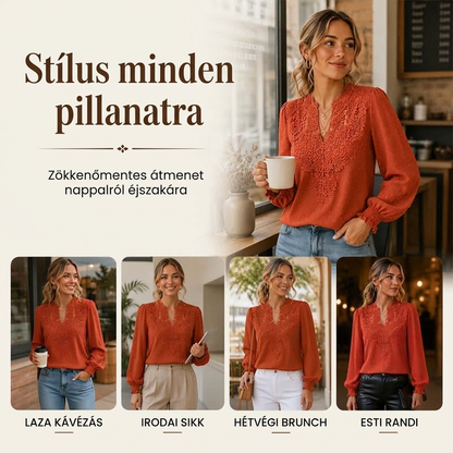 Női csipkés V-nyakú hosszú ujjú felső – Nőies részlet, elegáns mindennapi viselethez ✨🎀