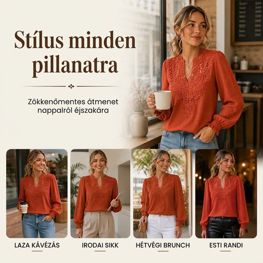 Női csipkés V-nyakú hosszú ujjú felső – Nőies részlet, elegáns mindennapi viselethez ✨🎀