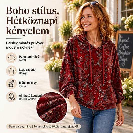 Női paisley mintás húzózsinóros pulóver – Bohém stílus, kényelmes viselet ✨🧶